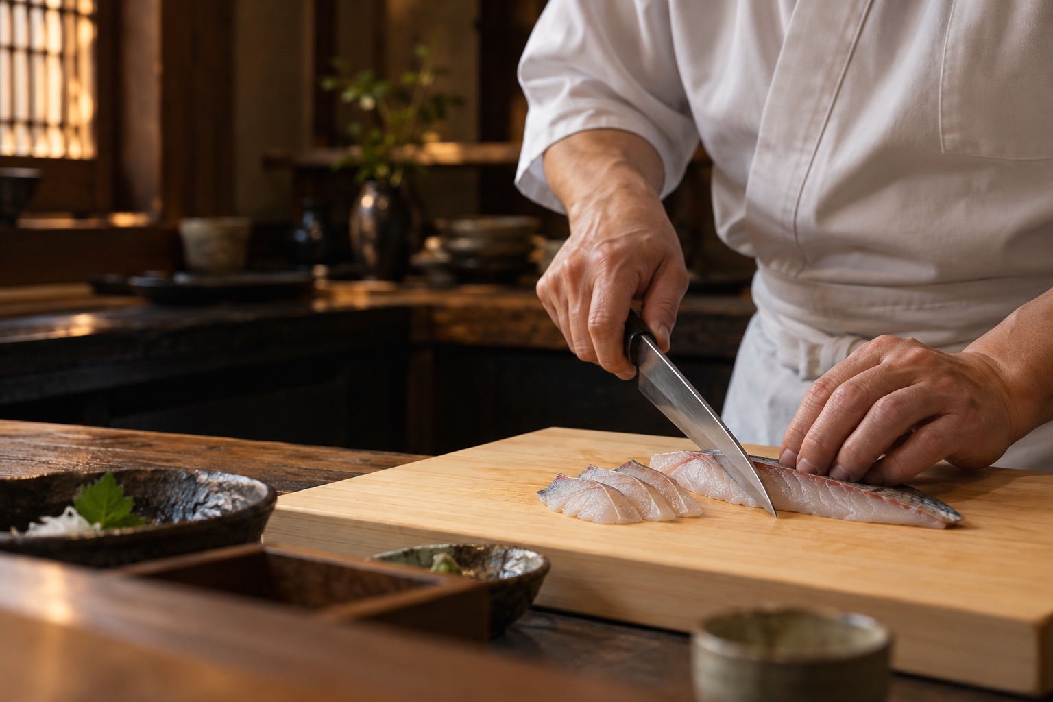 魚を丁寧に切りつける板前の手元のイメージ