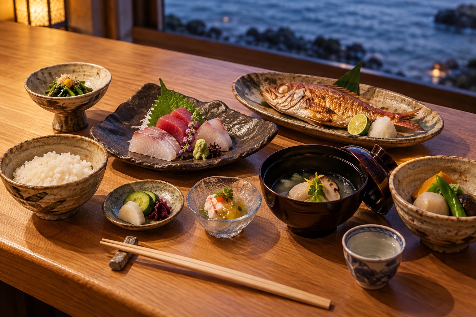 旬の料理が並ぶおまかせコースの食卓イメージ